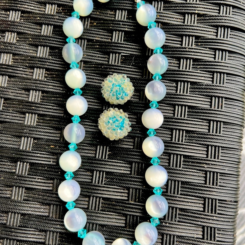 Powder blue ‘50’s necklace and Cabachons earrings to match